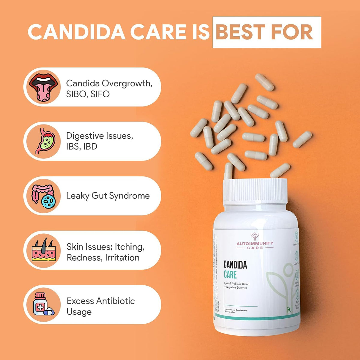 Autoimmunity Care Candida Care – Advanced Probiotics for Candida, Leaky Gut & Gut Health | Probiotics Supplement for Gut Cleanse, Acidity & Bloating Relief | Lactobacillus, Bifidobacterium & S Boulardii | 60 Dose