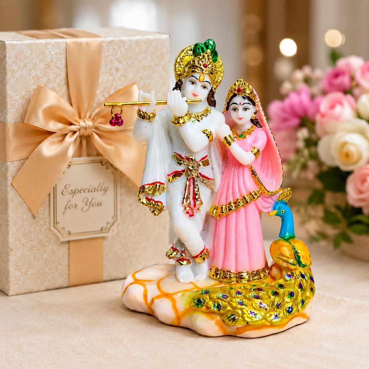 Radha Krishna Idol in Marble Powder, 18 cm, Murti for Home Temple, Office, Pooja Mandir, Janmashtami Gifting
