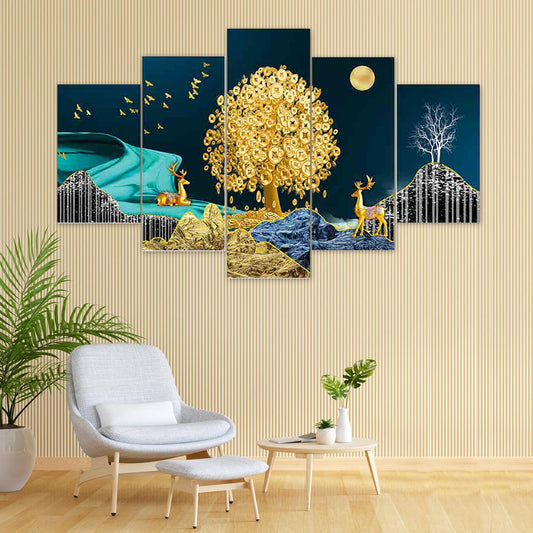 Paintings for Wall Decoration - Set Of Five, 3d Scenery Vastu Painting for Living Room Large Size with Frames for Home Decoration, Hotel, Office (125CMX60CM) D4