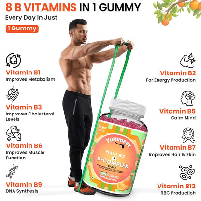 Yummeez B-Complex gummy supplement with a man holding resistance bands, vitamins listed on the right.