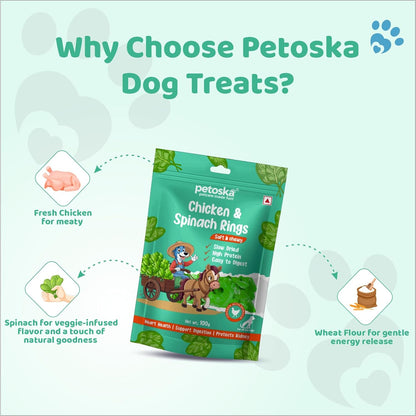Petoska Chicken & Spinach Rings Dog Treats – 100 g Soft, Protein-Rich Ring-Shaped Snacks for Puppies and Adult Dogs, Natural Vegetable-Infused Reward for All Breeds