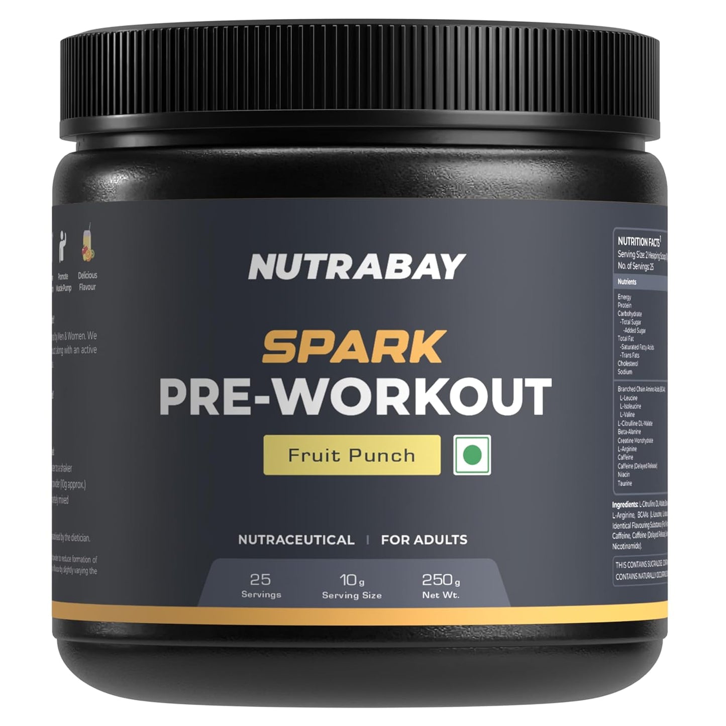 Nutrabay Spark Pre-Workout supplement container with black lid and label.