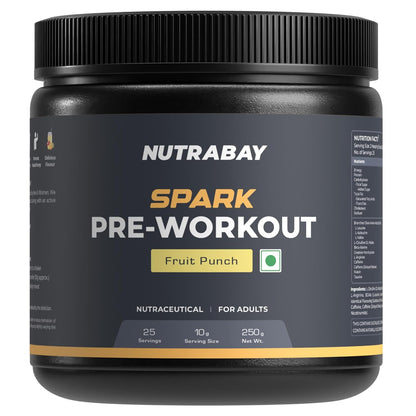 Nutrabay Spark Pre-Workout supplement container with black lid and label.
