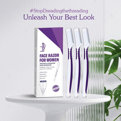 BAKE Reusable Face Razor for Women Facial Hair (3 Razors) | Instant Glow & Painless Hair Remover | For Eyebrows, Upper Lip, Chin, Peach Fuzz, Forehead, Unibrow, Sideburns | Precision Shave, Anti Slip Grip, Plastic Neutral