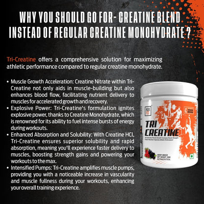 Tri Creatine Powder I Muscle Growth Supplement I 200 Gm I 40 Servings I Boosts Athletic Performance I Berry Breeze flavour