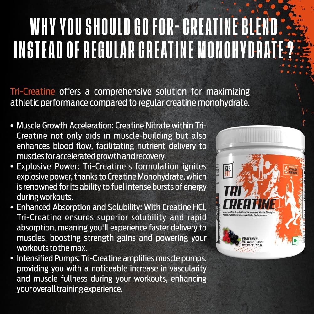 Tri Creatine Powder I Muscle Growth Supplement I 200 Gm I 40 Servings I Boosts Athletic Performance I Fiery Mango Flavour