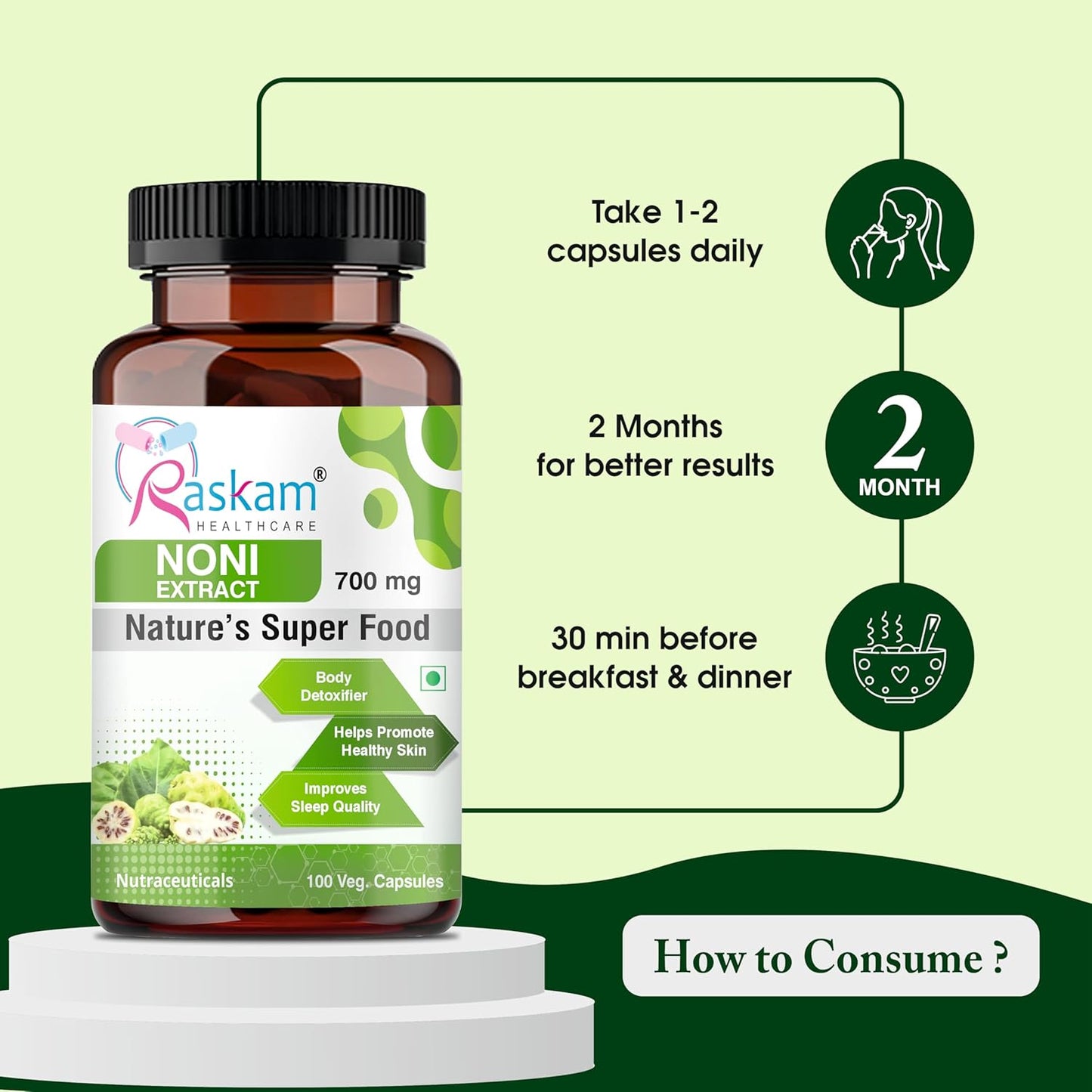 Raskam Noni Extract supplement bottle with usage instructions on a green background