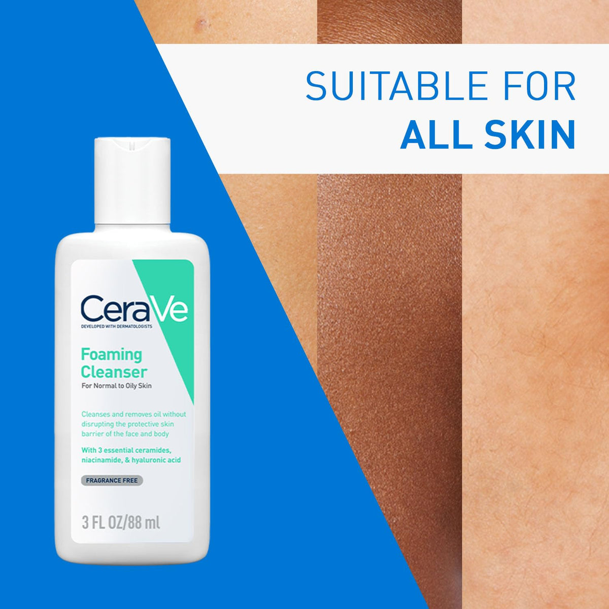 CeraVe foaming cleanser bottle with skin texture background