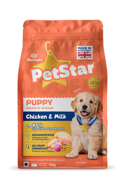 PetStar Puppy Dog Food, Chicken & Milk, 1 kg | High Protein Formula for Growing Puppies | DHA for Brain Development | Supports Immunity, Digestion & Strong Bones