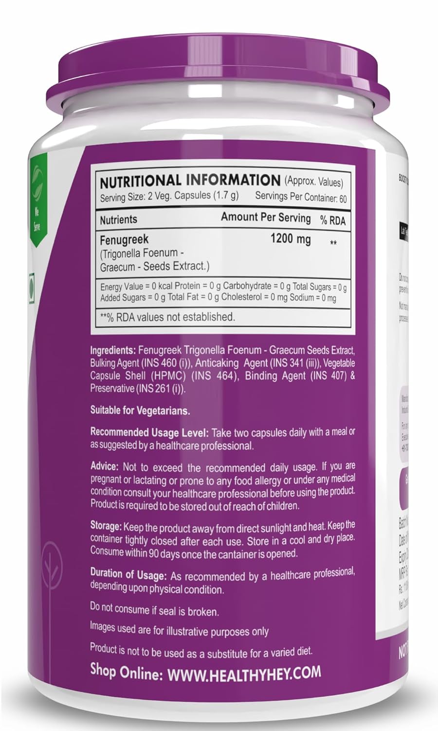 Supplement container with purple label and nutritional information