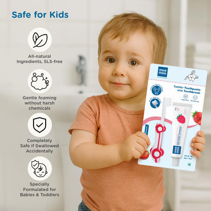 Mee Mee Kids Toothbrush & Toothpaste Combo | For Babies & Toddlers (6 Months–3 Years) | Fluoride-Free, Safe to Swallow, Strawberry Flavour, Soft Bristles, Foldable Car-Shaped Brush (Red)