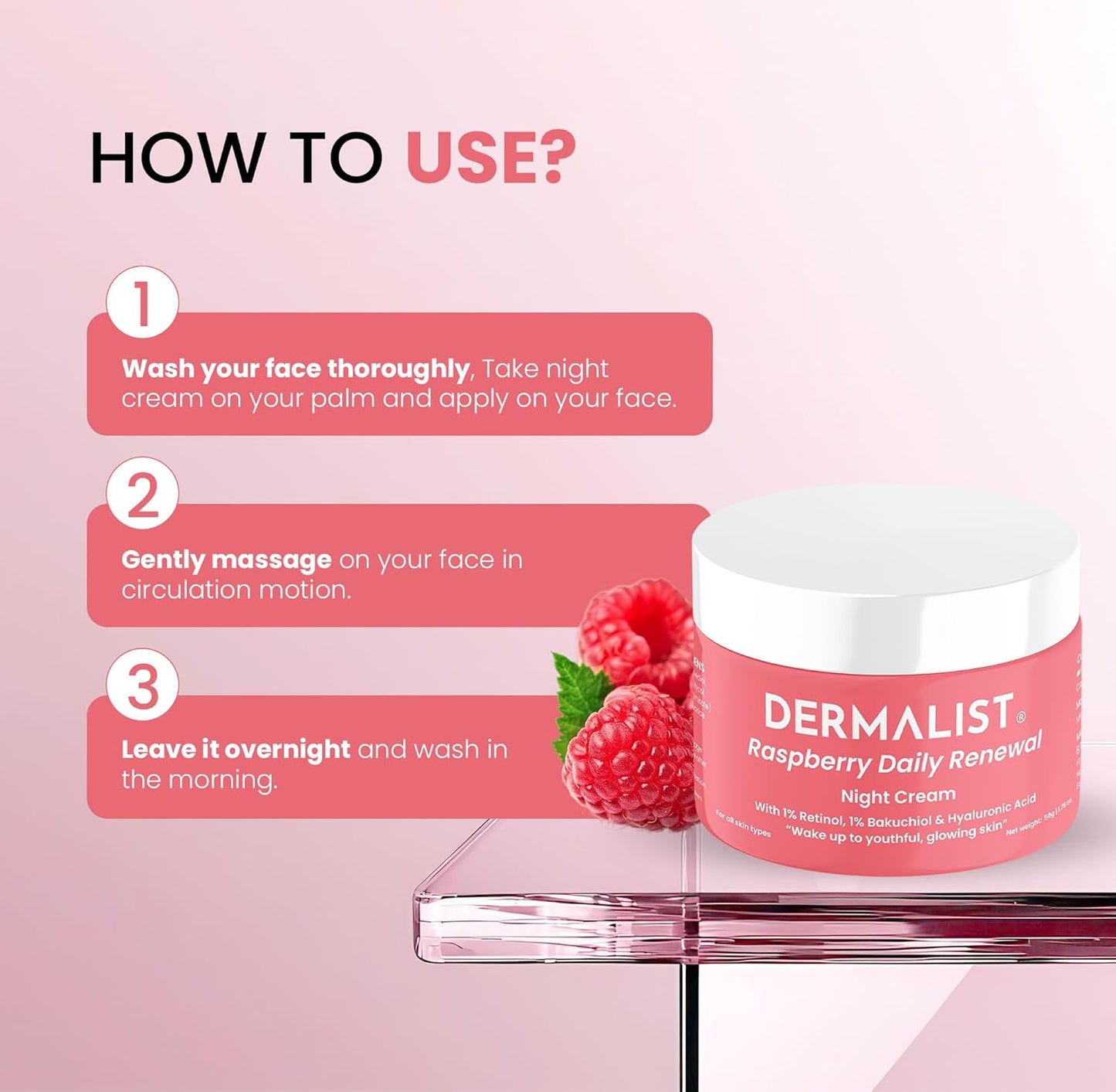 Dermalist Raspberry Daily Renewal Night Cream with usage instructions on a pink background