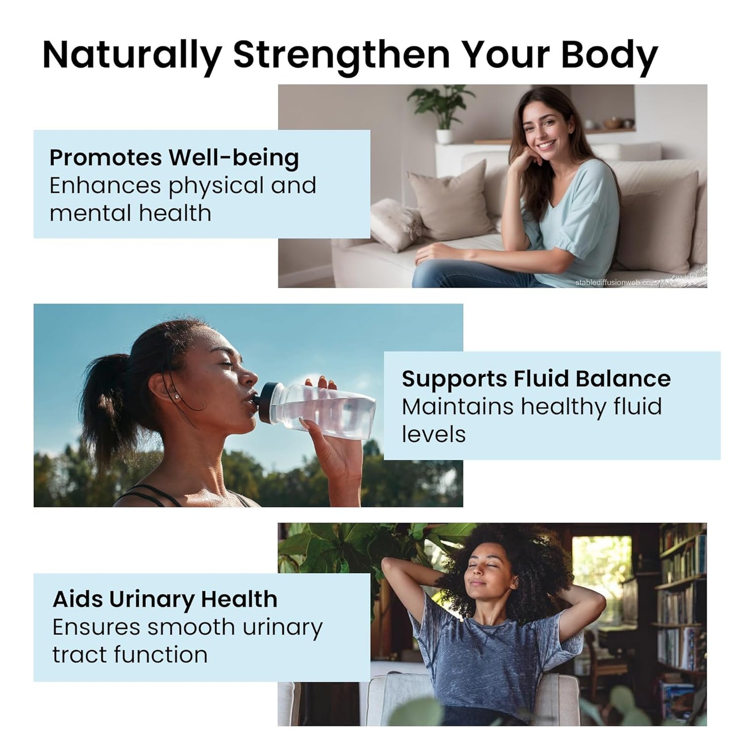 Promotional graphic about the benefits of staying hydrated with text and images of a woman drinking water and relaxing.