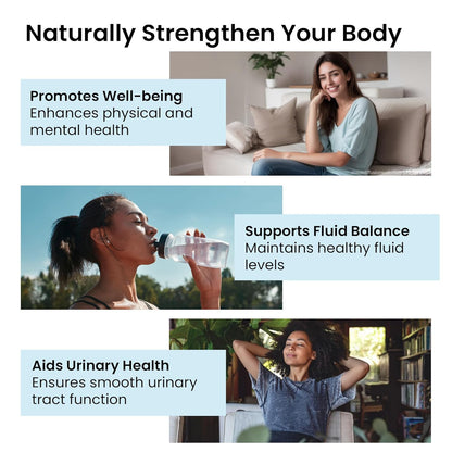 Promotional graphic about the benefits of staying hydrated with text and images of a woman drinking water and relaxing.