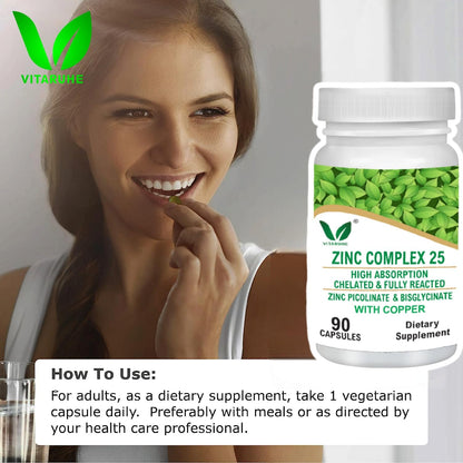 VITARUHE® Chelated Zinc Picolinate & Bisglycinate Complex with Copper, Zinc for Immune, Skin and Cellular Health, High Absorption, Non-GMO, 90 Capsules