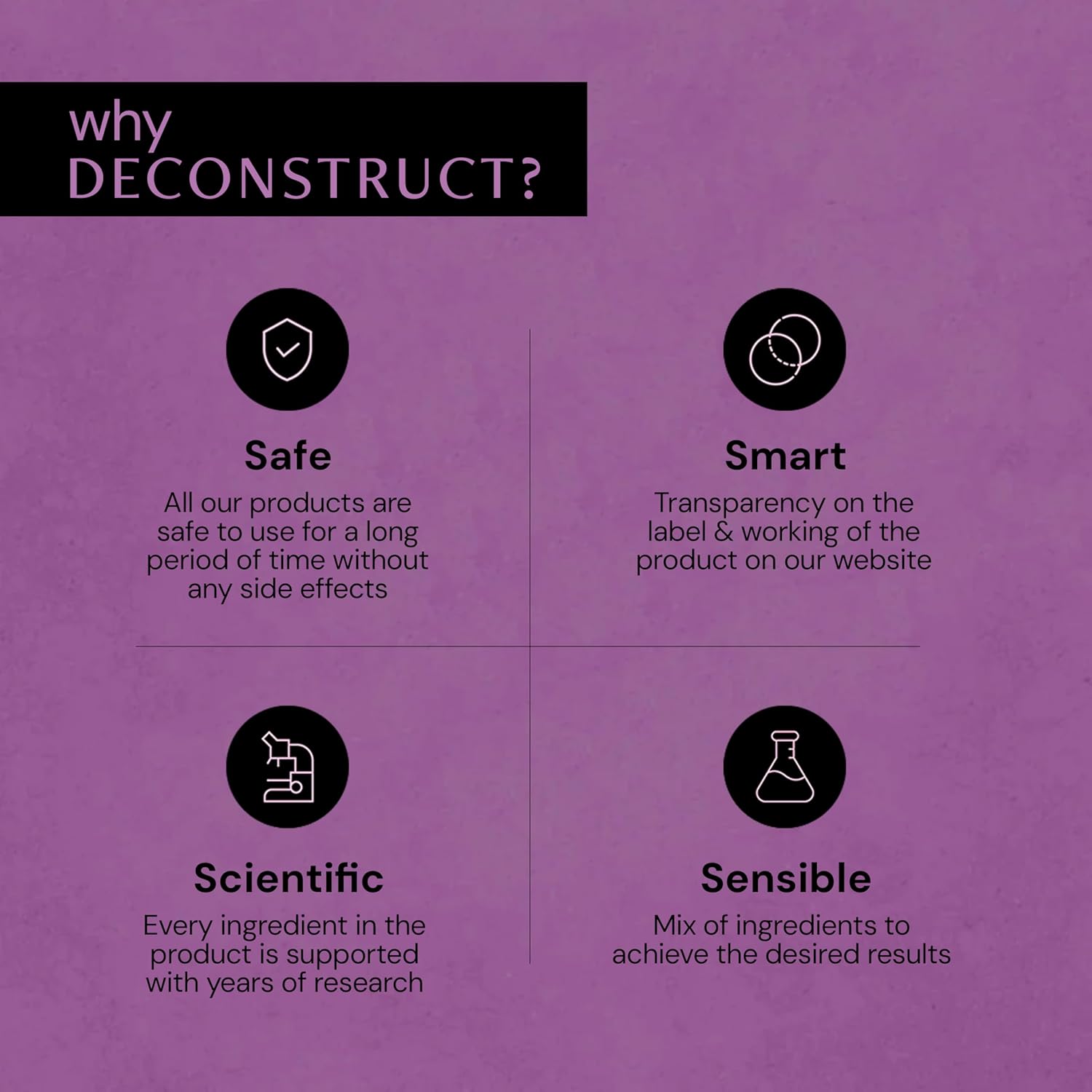 Purple background with text and icons about product safety, transparency, research, and ingredient mix on a website.