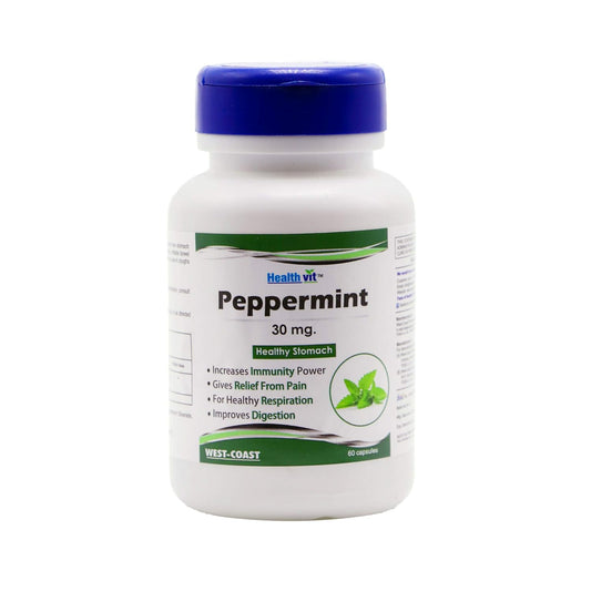 Healthvit peppermint supplement bottle on a white background
