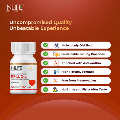 INLIFE Krill Oil Omega 3 Capsule 500mg | Antarctic Marine Phospholipids with EPA DHA Astaxanthin | Supplement for Heart, Brain, Joint, Eye & Skin Health - 30 Liquid Filled Hard Capsules (Pack of 1)