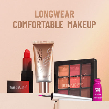 Makeup products including a lipstick, cream, palette, and eyeliner with 'Swiss Beauty' branding on a beige background.