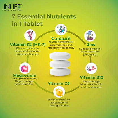 INLIFE Calcium Magnesium Zinc Vitamin D B12 | With K2 & Folic Acid Supplement | Bone & Joint Support Supplement for Women and Men - 120 Tablets (Pack of 1, 120)