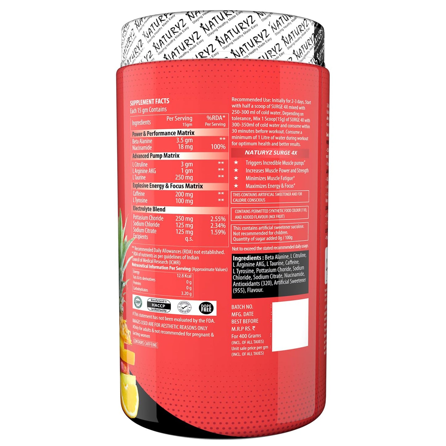Red supplement container with white label on a white background