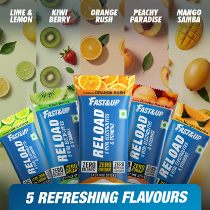 Fast&Up Reload Electrolytes Powder Sachets | Zero Added Sugar Hydration Drink with 5 Essential Electrolytes Vitamin C & B12 | Summer Heat, Workout Recovery, Travel & Wellness | Assorted Pack of 4 Sachets