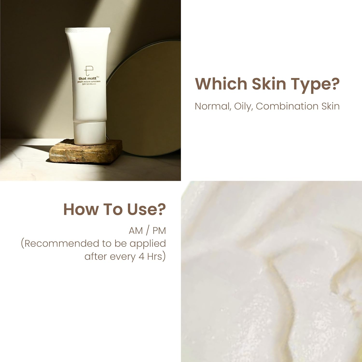 Skincare product with instructions on skin type and usage