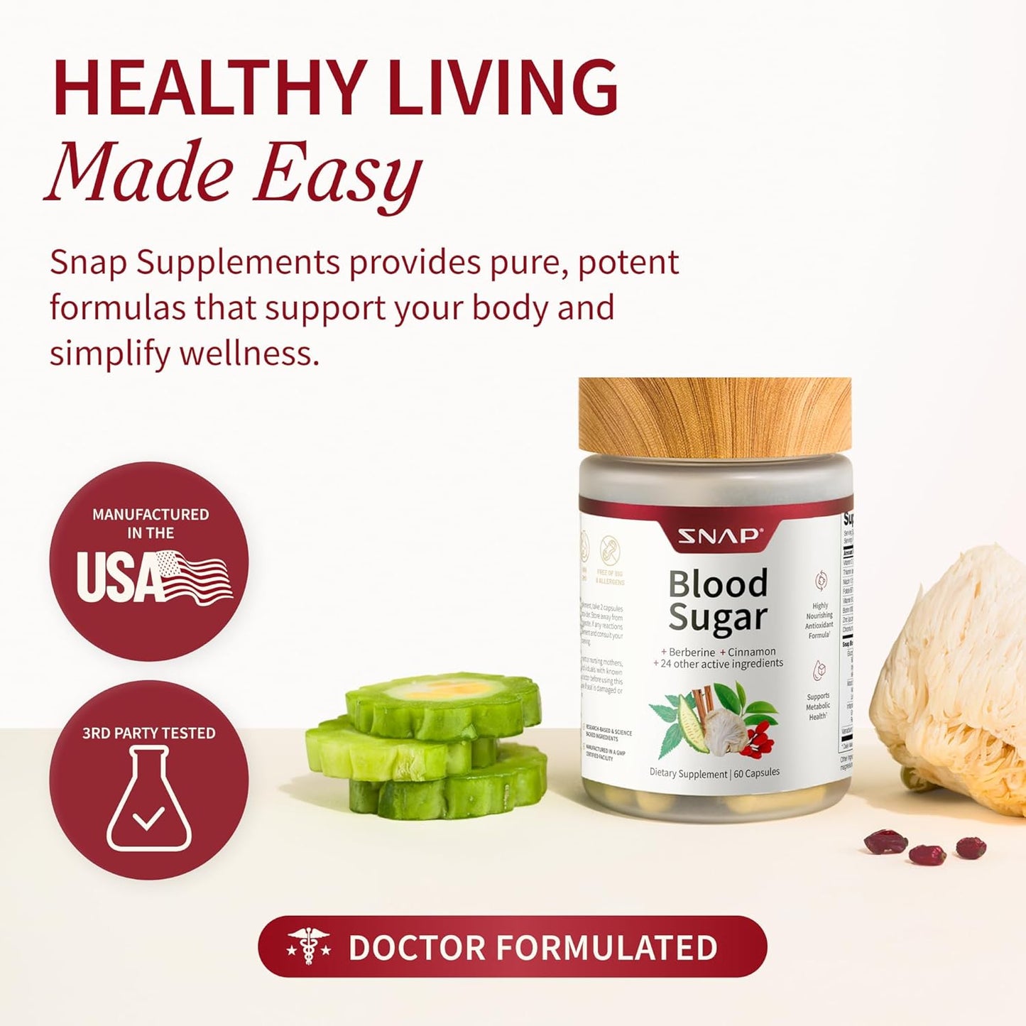 Supplement jar labeled 'Blood Sugar' with health benefits text and icons on a white background
