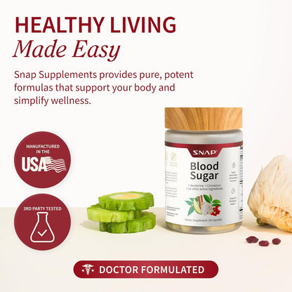 Supplement jar labeled 'Blood Sugar' with health benefits text and icons on a white background