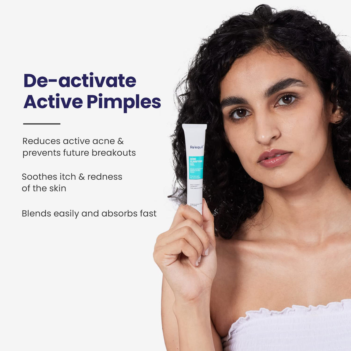 Woman holding a skincare product with text about its benefits on a white background