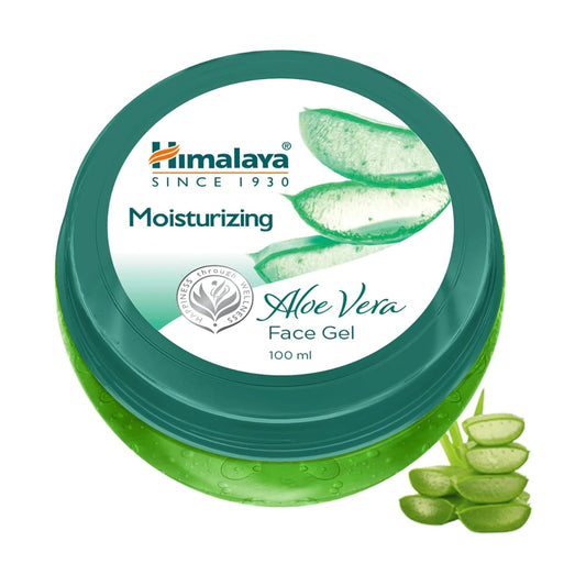 Himalaya Aloe Vera Face Gel container with aloe vera leaves on a white background