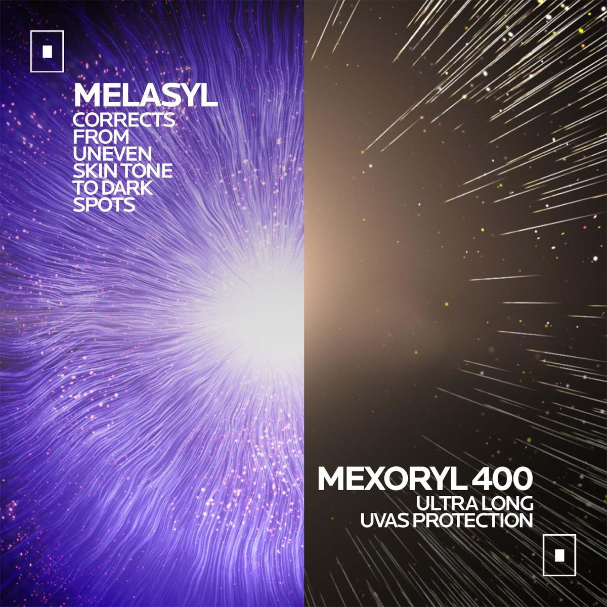 Advertisement for Melasyl and Mexoryl 400 with abstract designs and text.