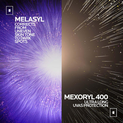 Advertisement for Melasyl and Mexoryl 400 with abstract designs and text.