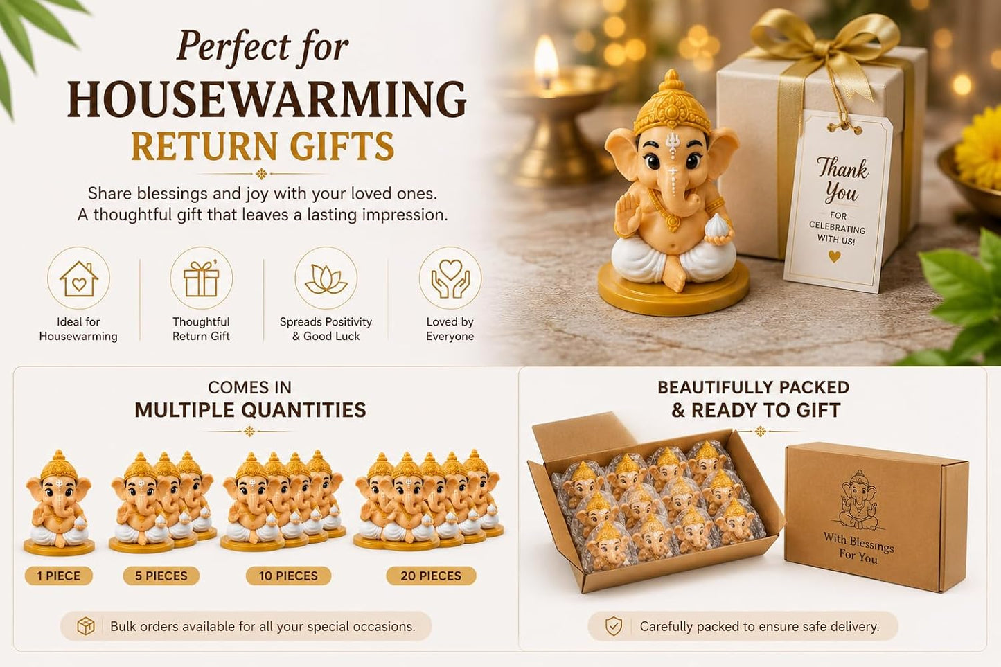 VASPAR Cute Baby Ganesha Idol for Car Dashboard | Premium Lord Ganesh Murti | Mini Ganpati Statue for Home Decor, Office Desk & Pooja Room | Spiritual Gift | Gold - Rectangle Base