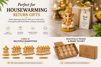 VASPAR Baby Ganesha Idol Cute Ganpati Figurine with modak Hindu God Statue for Car Dashboard, Pooja Room & Home Decor | Premium Finish Spiritual Gift Golden & White