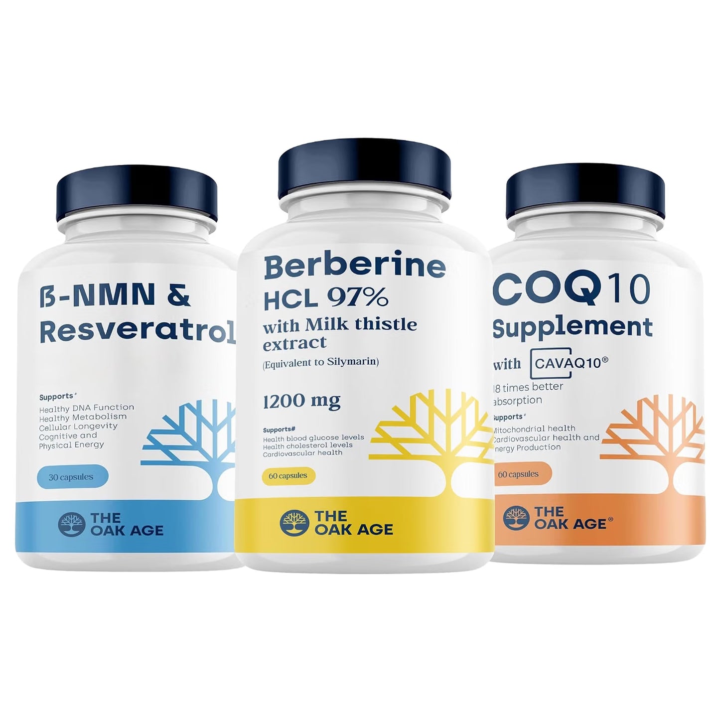 The Oak Age Longevity Core Bundle | NMN + Resveratrol, CoQ10 & Berberine | Cellular Energy, Mitochondrial Support & Metabolic Balance