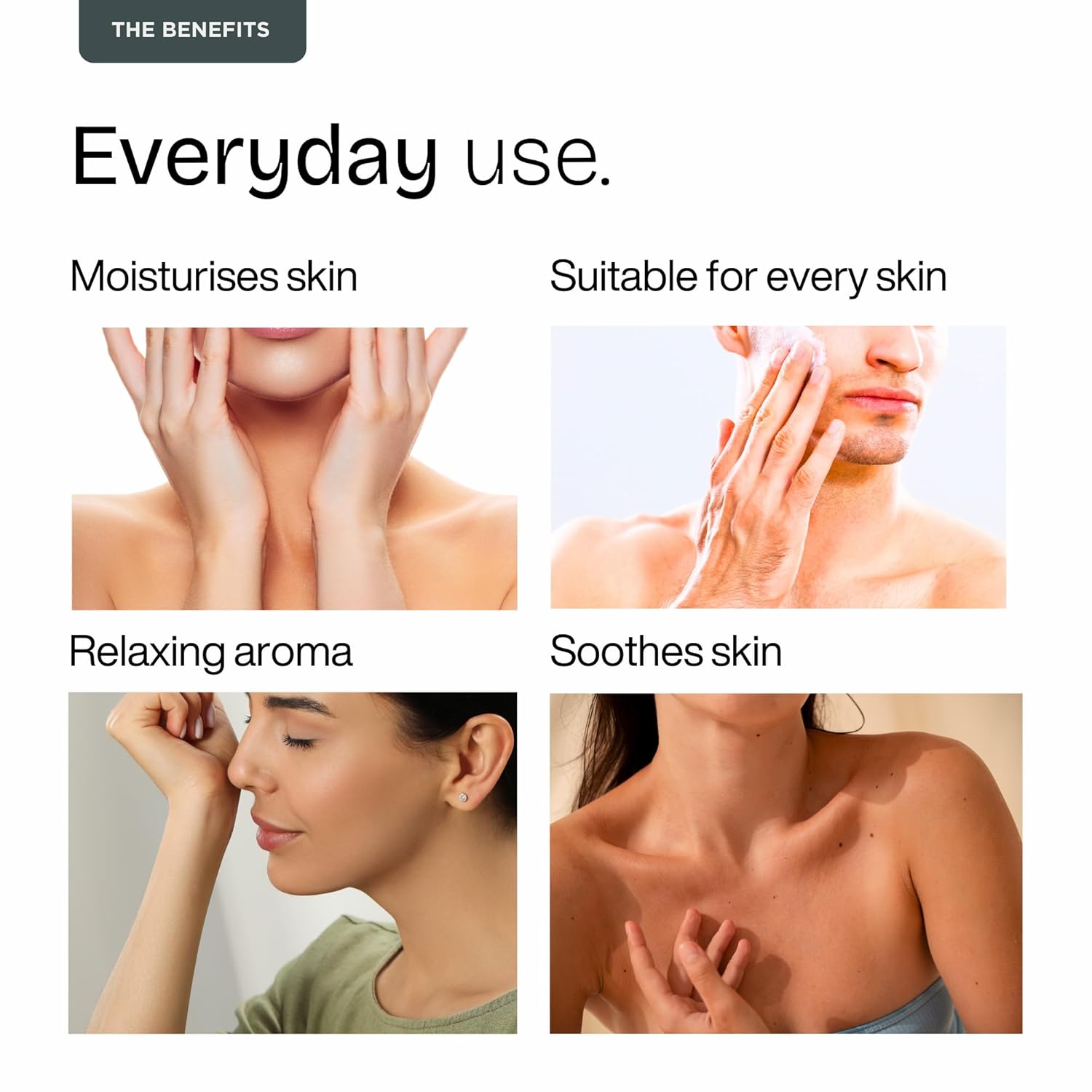 Product benefits for skin care with images of people using the product.