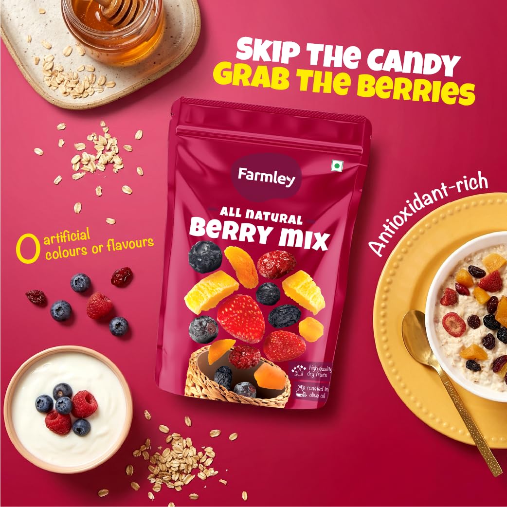 Farmley Berries Mix 160g | 8-In-1 Healthly Snacks Contains Cranberry,Black Raisins,Strawberry,Black Currant & More (Pack of 1)