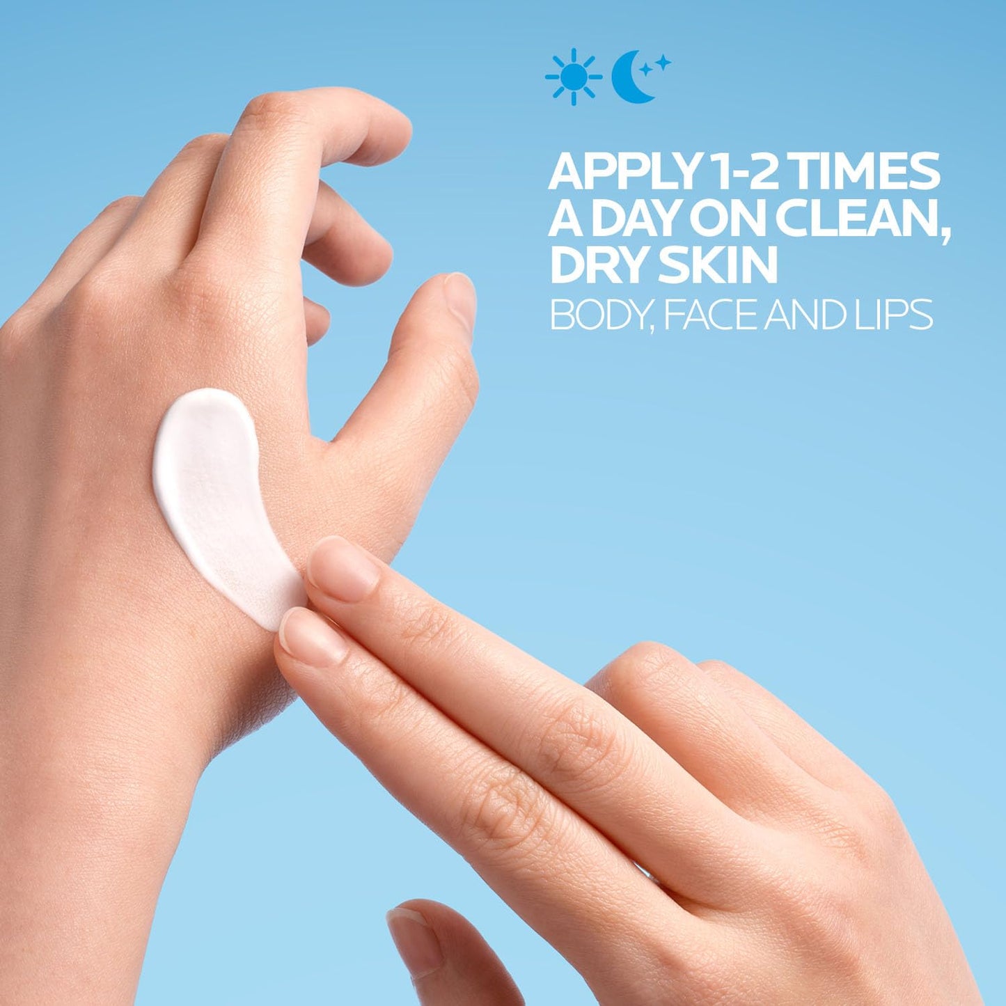 Hand applying a white patch on another hand with blue background and text about usage instructions.
