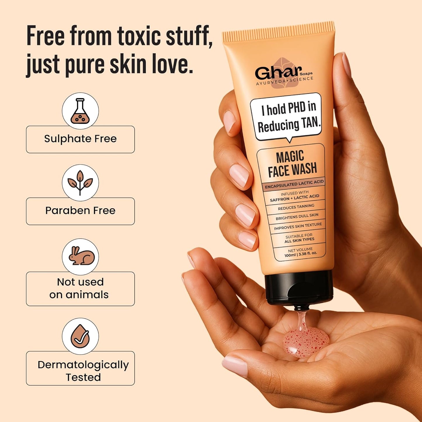 Ghar Soaps De-Tan Face Wash | For Tan Reducing, Brightening & Glowing Skin | With Sandalwood, Saffron, Coconut Oil & Goat milk | For All Skin Types | 100ml
