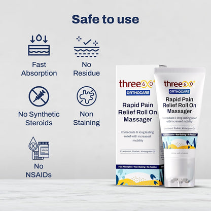 three60+ RAPID PAIN RELIEF Roll On Massager|Immediate & Long-Lasting Pain Relief|Erandmool,Shallaki,Wintergreen Oil,Nirgundi|Fast Absorption|Targeted,Hands-Free Massage Application