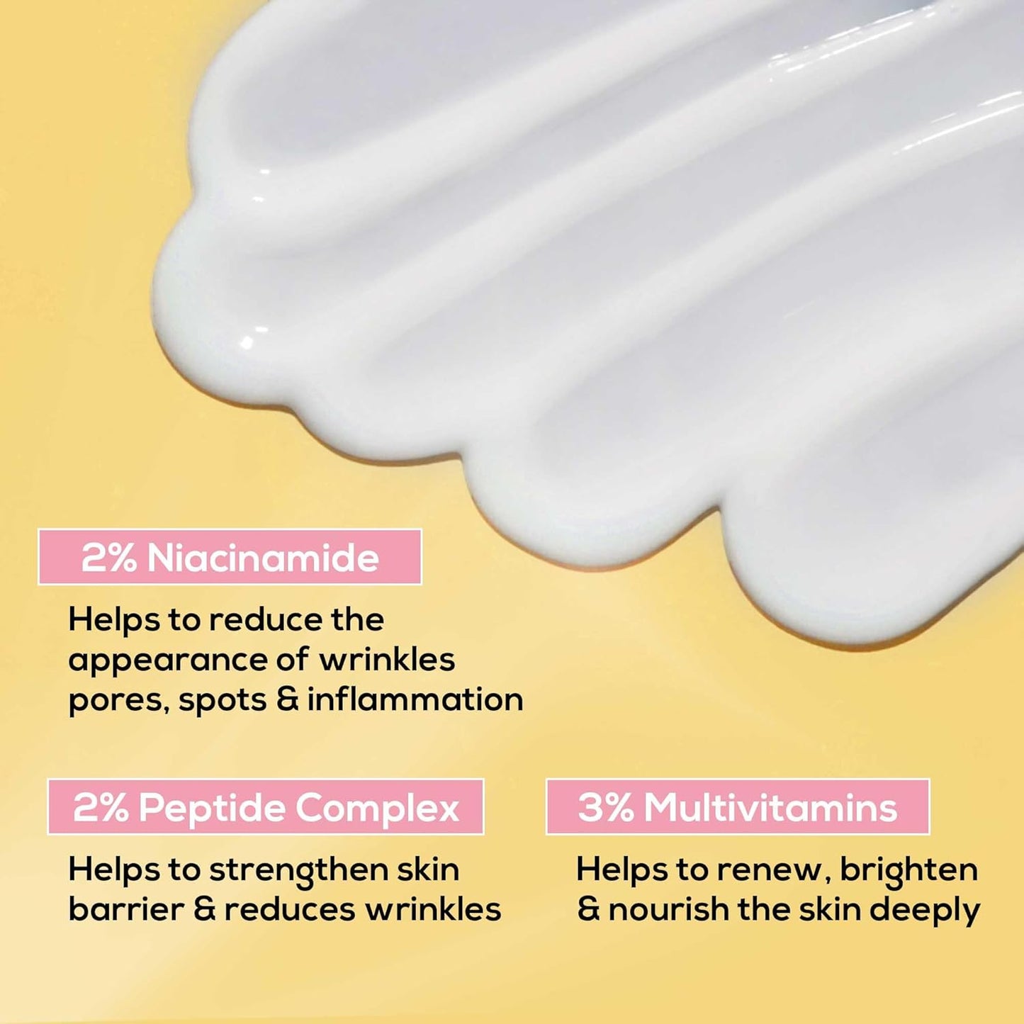 Skincare product with text highlighting ingredients and benefits on a yellow background
