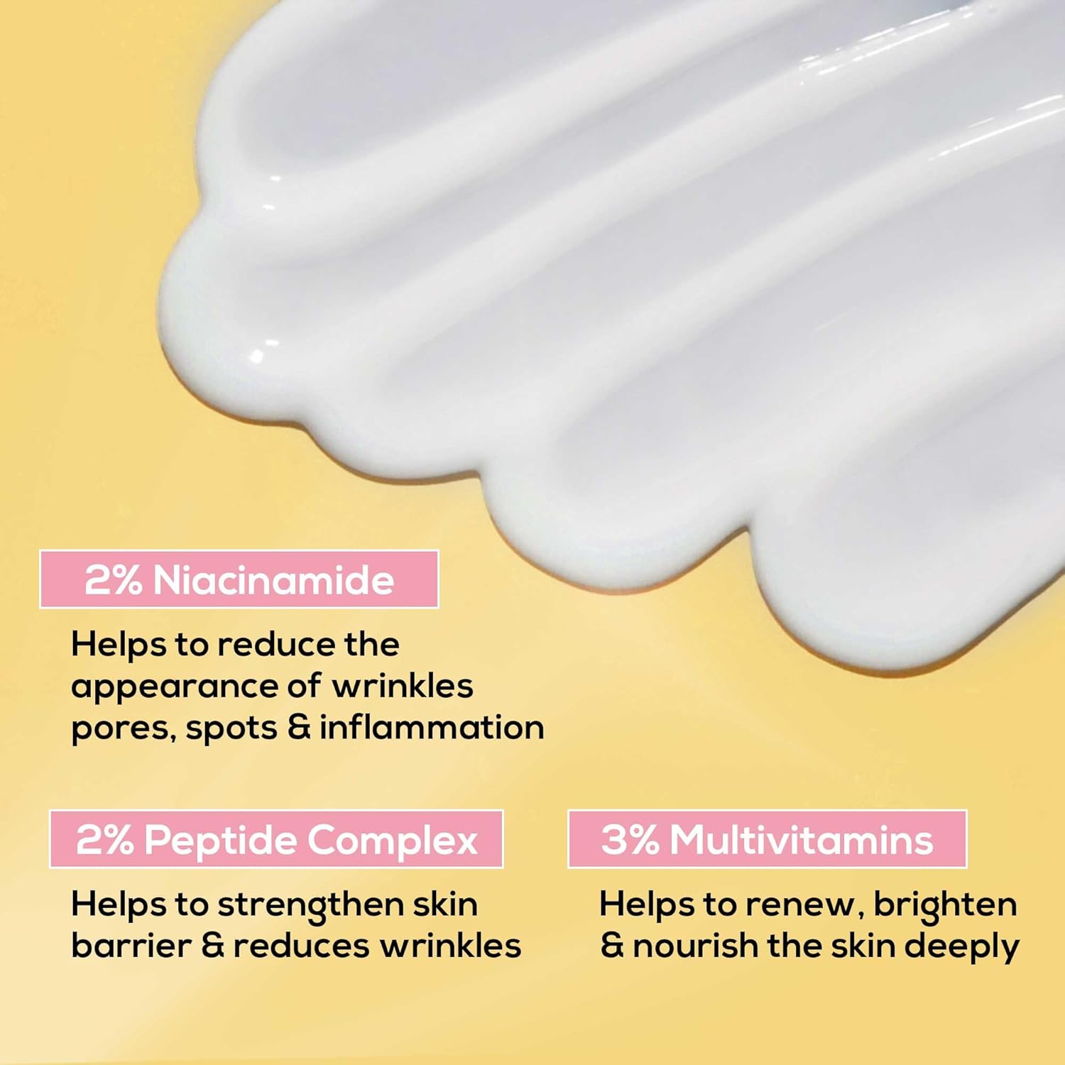Skincare product with text highlighting ingredients and benefits on a yellow background