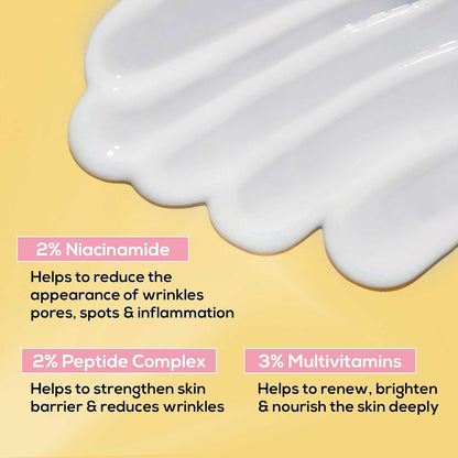 Skincare product with text highlighting ingredients and benefits on a yellow background