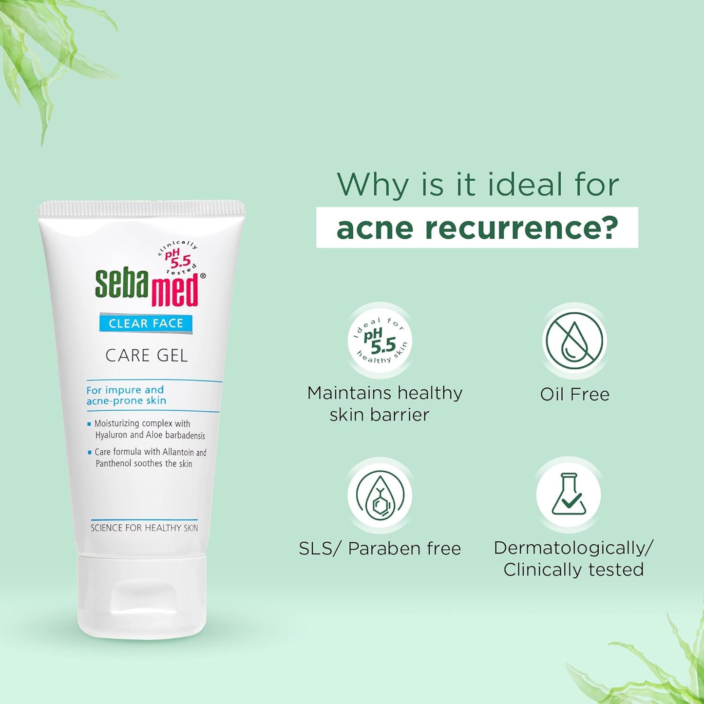 Sebamed Clear Face Care Gel tube with benefits listed on a light green background