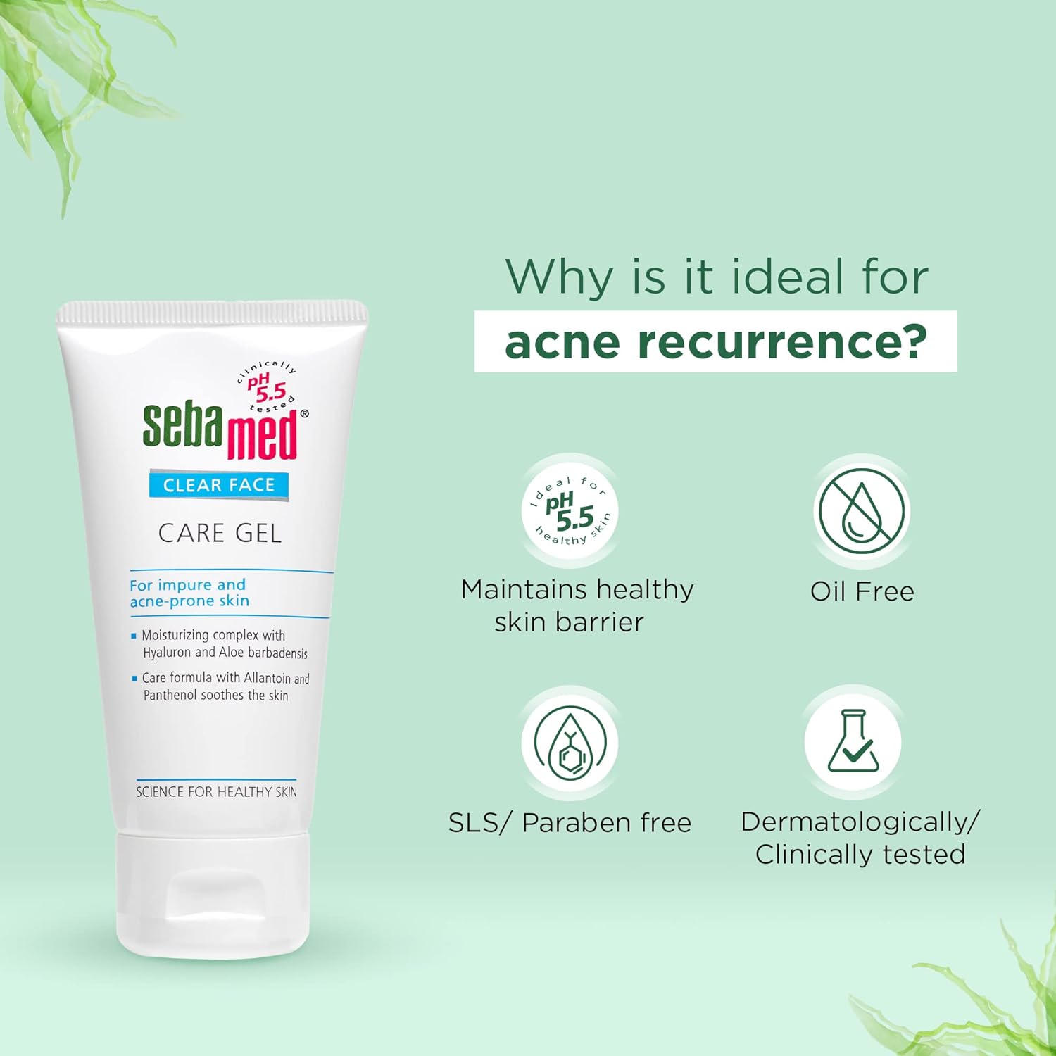 Sebamed Clear Face Care Gel tube with benefits listed on a light green background