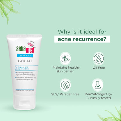 Sebamed Clear Face Care Gel tube with benefits listed on a light green background