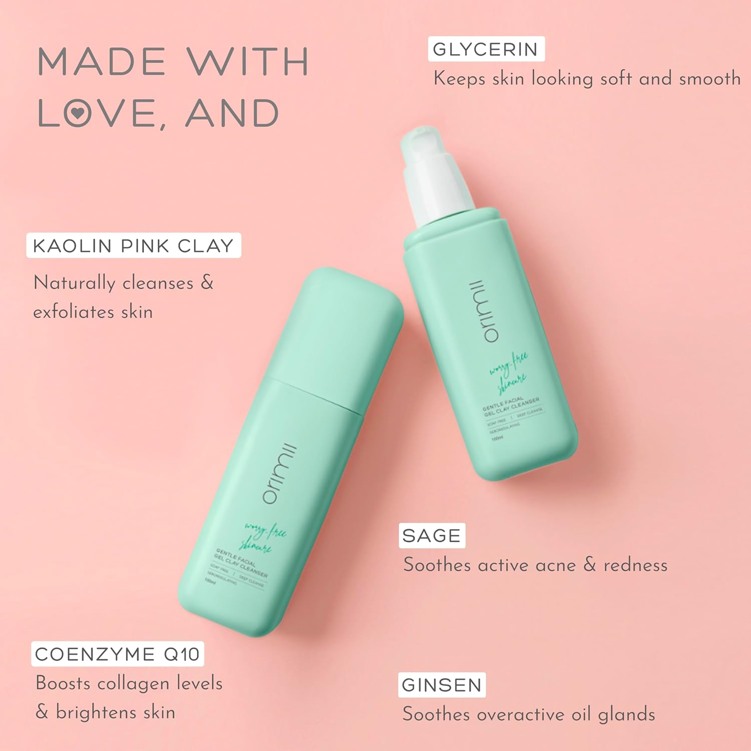 Two green bottles with text on a pink background