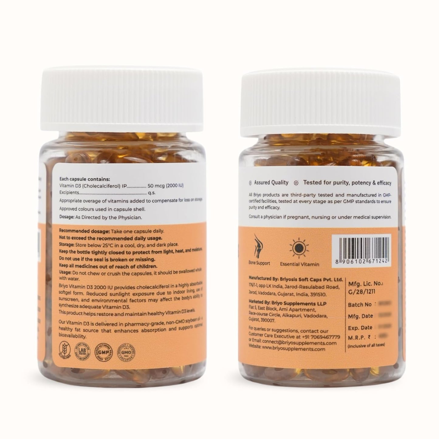 Two bottles of supplements with labels on a white background