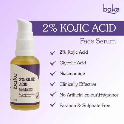 BAKE 2% Kojic Acid Face Serum with 5% Niacinamide & 2% Glycolic Acid for Pigmentation & Dark Spots | For Dark Circles, Tan Removal & Sun Damaged Skin | Skin Brightening & Glowing | 30ml
